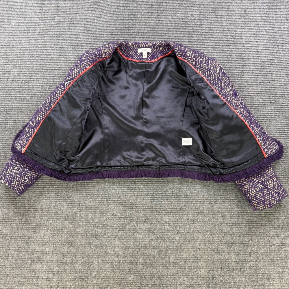 J.Crew Purple‎ Diamond Tweed Jacket Womens 6 Gold Button Fringe Trim Wool Blend - Picture 4 of 13